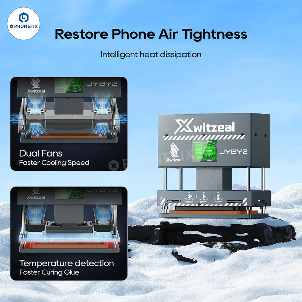 PHONEFIX Xwitzeal JYBY2 mobile phone auto heating pressure holding machine, screen repair tool showing the device and control panel.