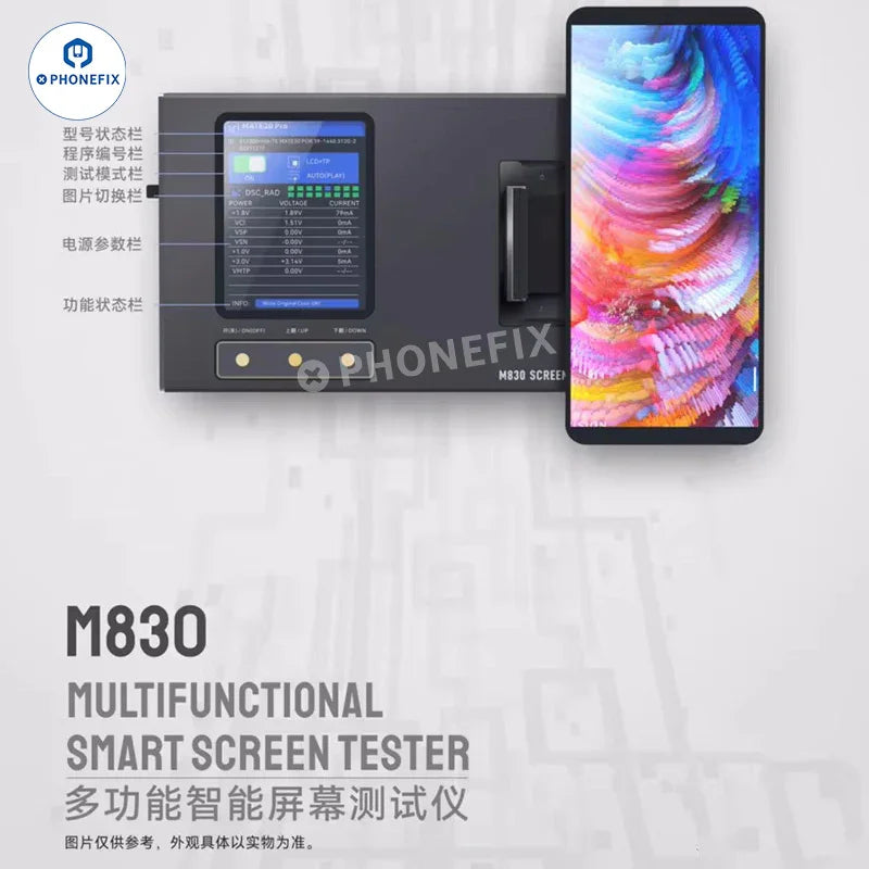 PHONEFIX YCX M830 M8 screen tester for iPhone, Samsung, Huawei, and Android devices, showing testing device with screen connectors.