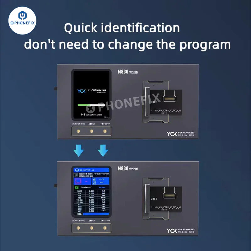 PhoneFix YCX M830 M8 screen tester for iPhone, Samsung, Huawei, and Android devices, used for screen repair and testing.