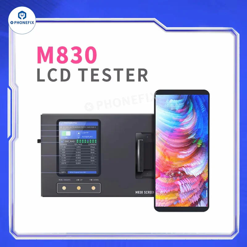 PHONEFIX YCX M830 M8 screen tester for iPhone, Samsung, Huawei, and Android devices, shown with testing tools and electronic components.