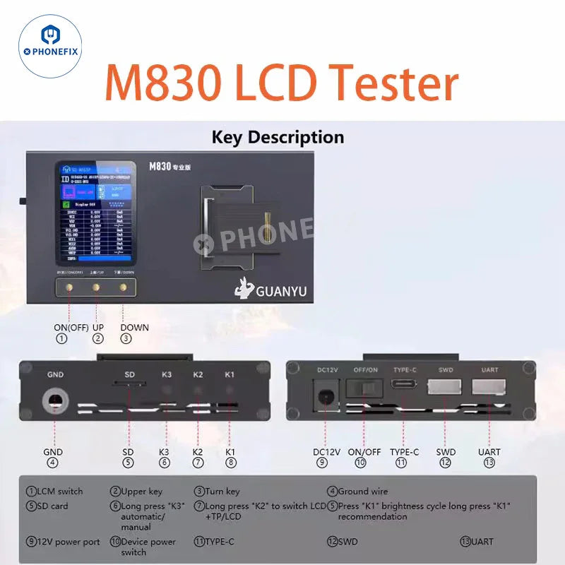 PHONEFIX YCX M830 M8 screen tester for iPhone, Samsung, Huawei, and Android devices, used for screen repair diagnostics.