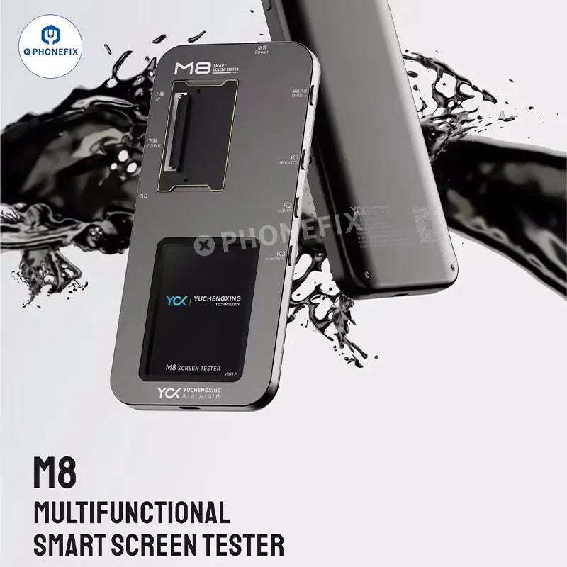 PHONEFIX YCX M830 M8 screen tester for iPhone, Samsung, Huawei, and Android devices, showing the compact testing tool in use.