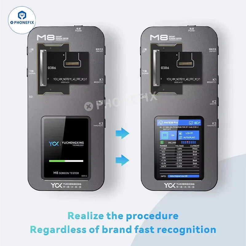 PHONEFIX YCX M830 M8 screen tester for iPhone, Samsung, Huawei; portable screen repair tool for testing device displays.