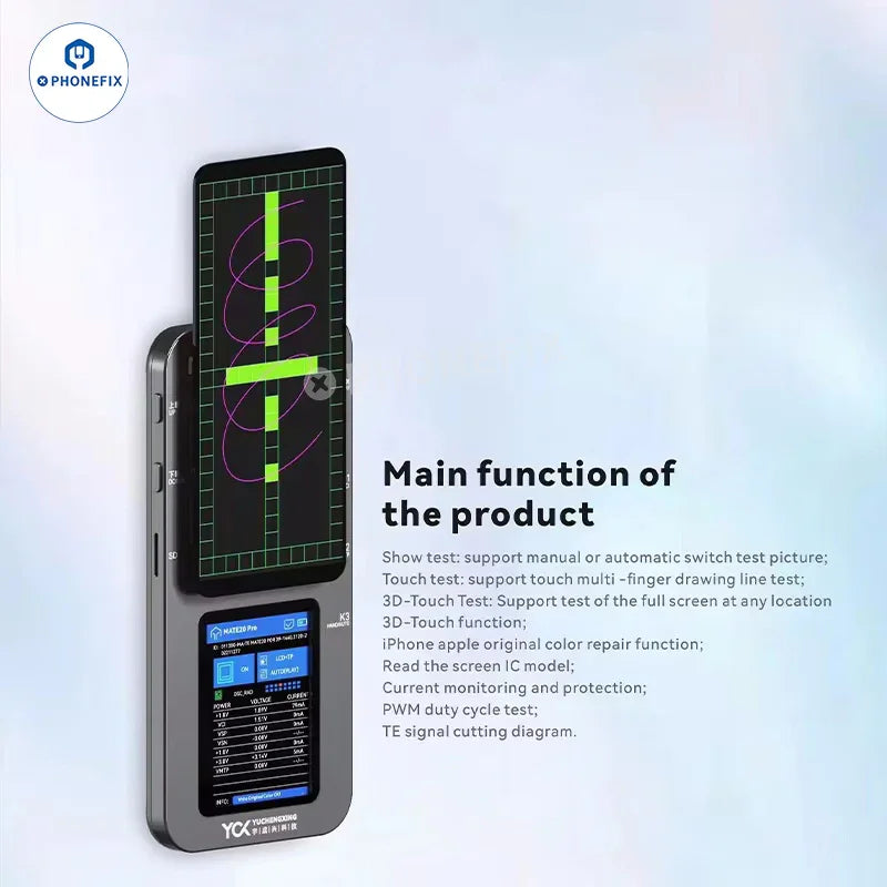 PHONEFIX YCX M830 M8 screen tester for iPhone, Samsung, Huawei Android devices, used for screen repair testing and diagnostics.