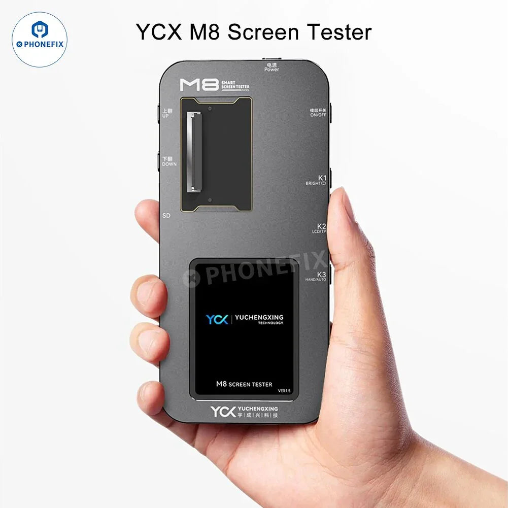 PHONEFIX YCX M830 M8 Screen Tester for iPhone, Samsung, Huawei Android devices, used for screen repair and diagnostics.