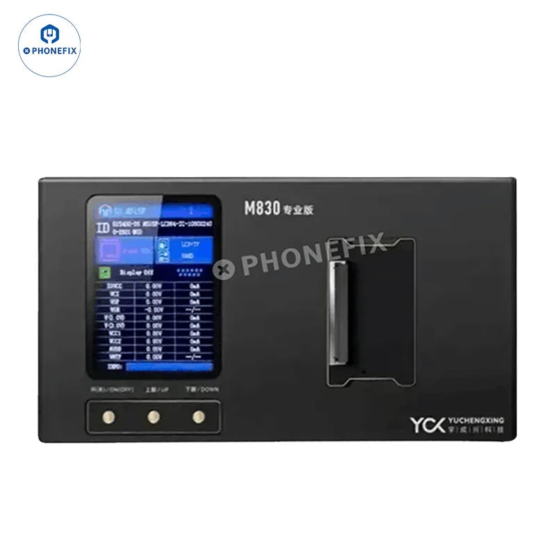 PHONEFIX YCX M830 M8 screen tester for iPhone, Samsung, Huawei, and Android devices used for screen repair testing.