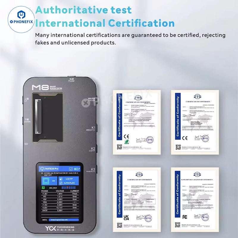 PHONEFIX YCX M830 M8 screen tester for iPhone, Samsung, Huawei, and Android devices, showing the compact testing tool and connectors.