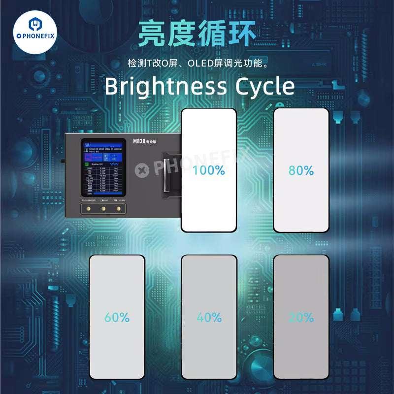 PHONEFIX YCX M830 M8 screen tester tool for iPhone, Samsung, Huawei, and Android devices used for screen repair testing.