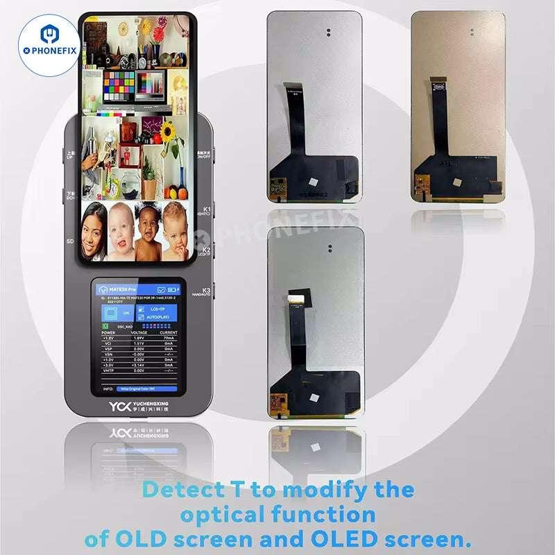 PHONEFIX YCX M830 M8 Screen Tester for iPhone, Samsung, Huawei Android devices showing device screens and testing tools.