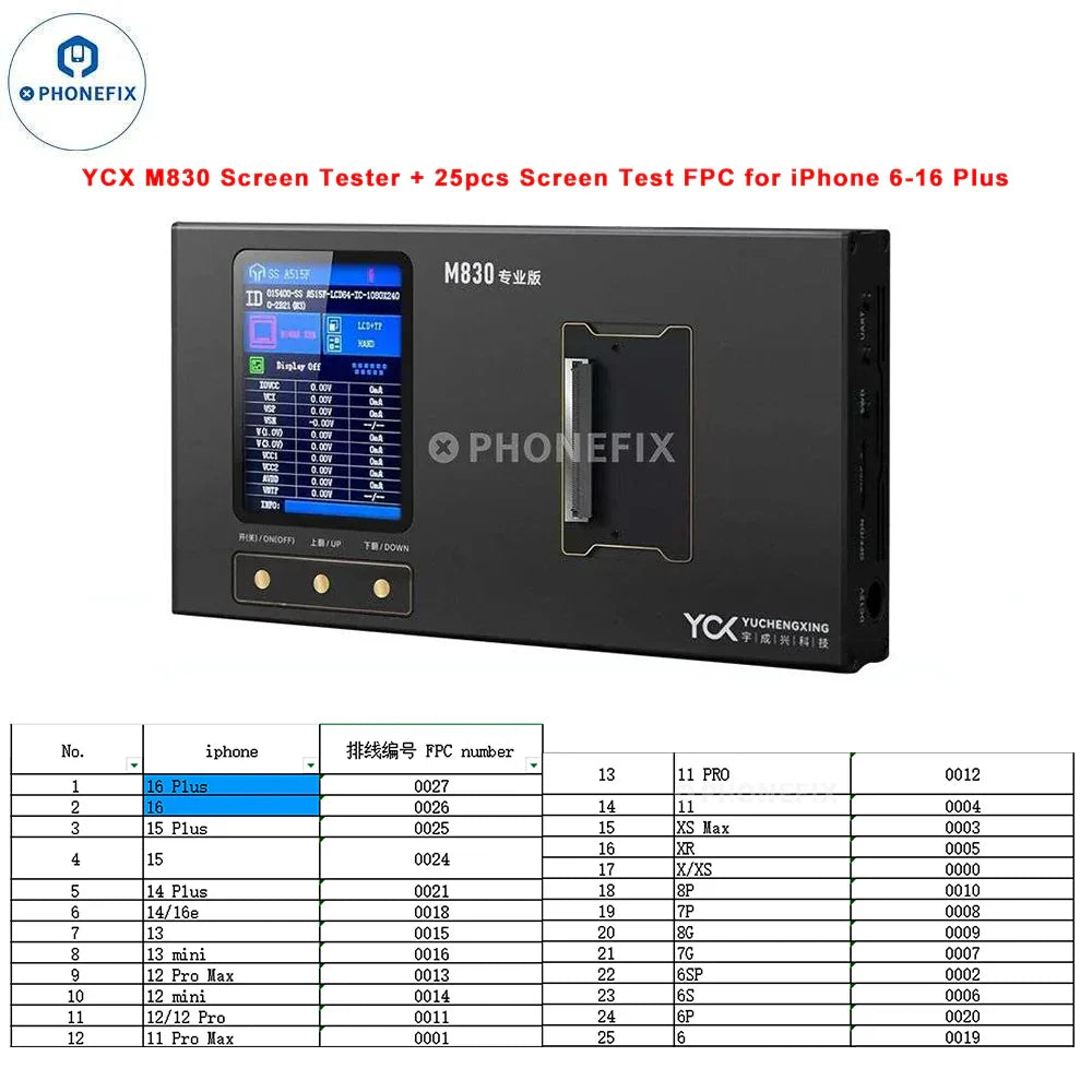 PHONEFIX YCX M830 M8 screen tester for iPhone, Samsung, and Huawei smartphones used for screen repair testing and diagnostics.