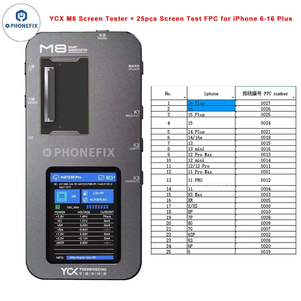 PHONEFIX YCX M830 M8 screen tester for iPhone, Samsung, Huawei, Android devices, used for screen repair testing and diagnostics.