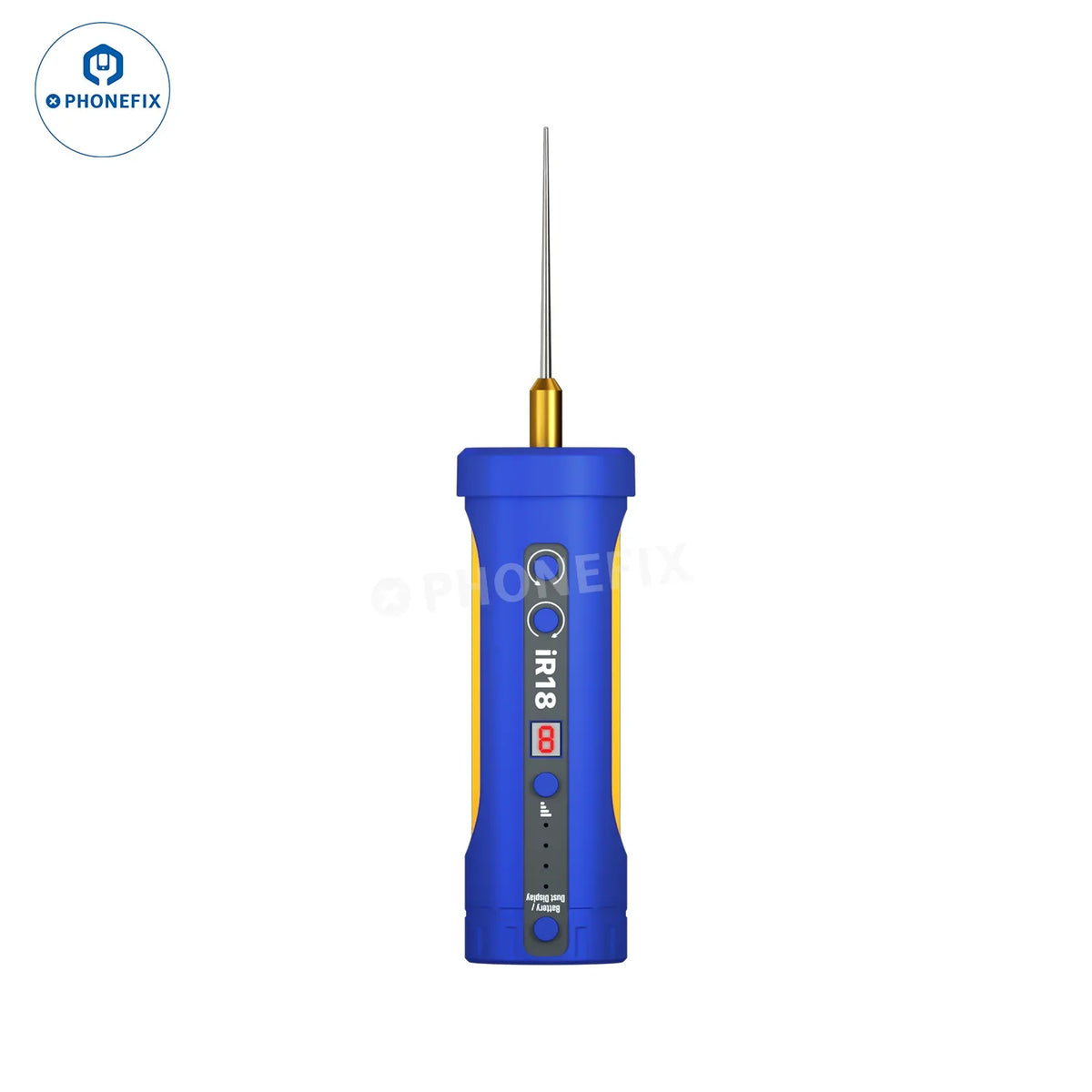 PHONEFIX Mechanic IR18 Electric OCA Glue Remover with LED Dust Lamp for screen repair, includes precision tool and bright LED light.