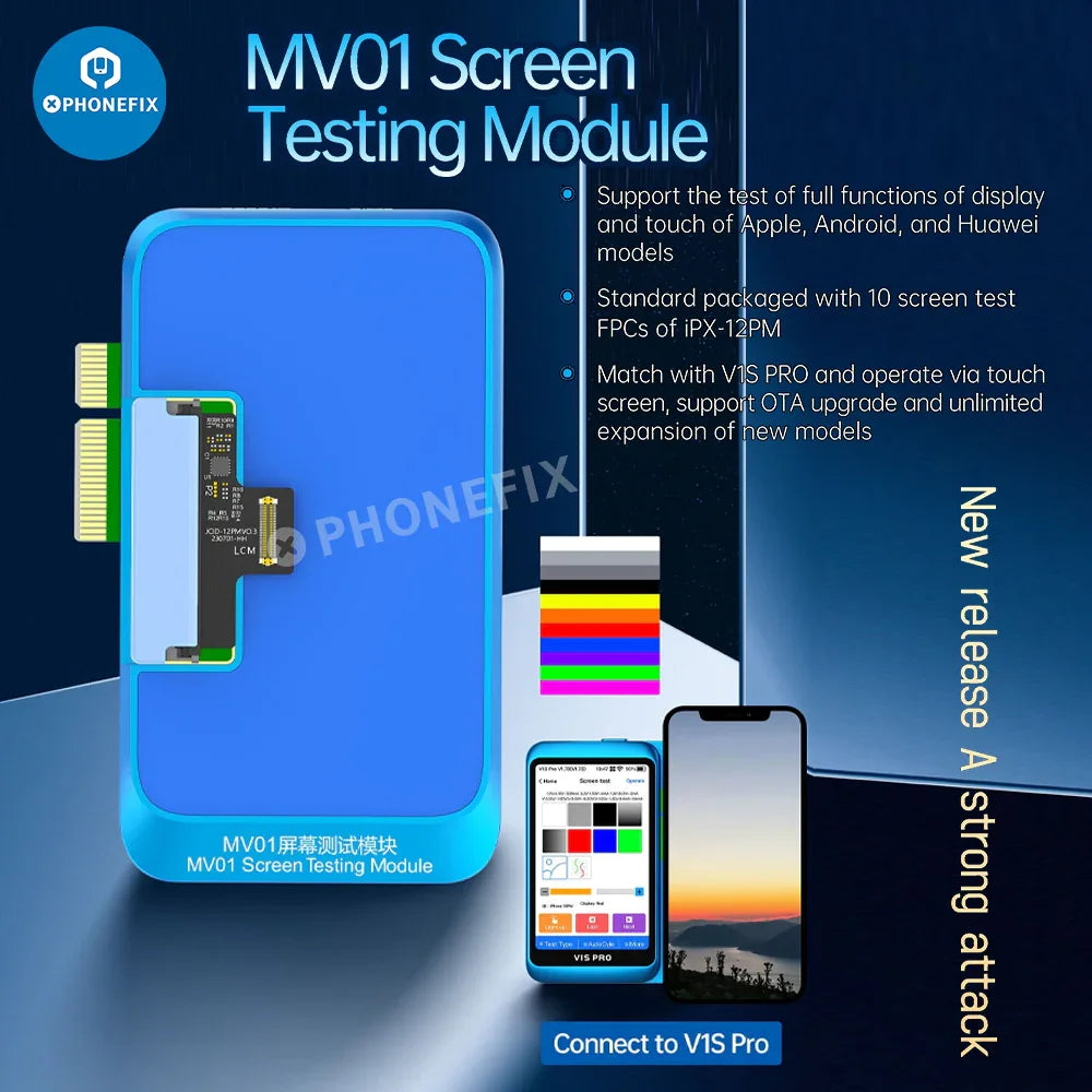 PHONEFIX JCID MV01 screen testing module for iPhone, Samsung, and Android phones used for screen repair testing.