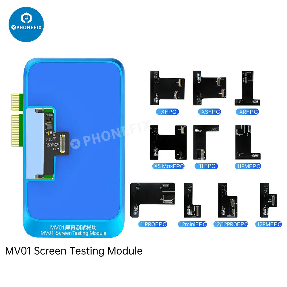 PhoneFix JCID MV01 screen testing module for iPhone, Samsung, and Android phones used for screen repair testing and diagnostics.