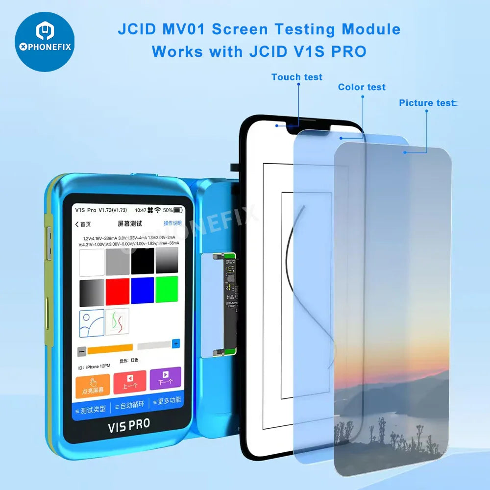 PHONEFIX JCID MV01 screen testing module for iPhone, Samsung, and Android phones, used for screen repair testing and diagnostics.