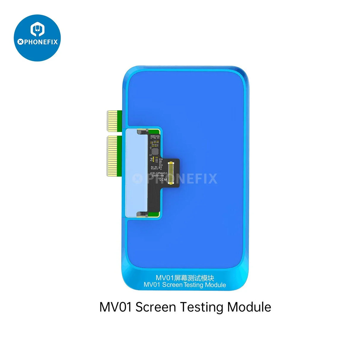 PhoneFix JCID MV01 screen testing module for iPhone, Samsung, and Android phones used in screen repair tools.
