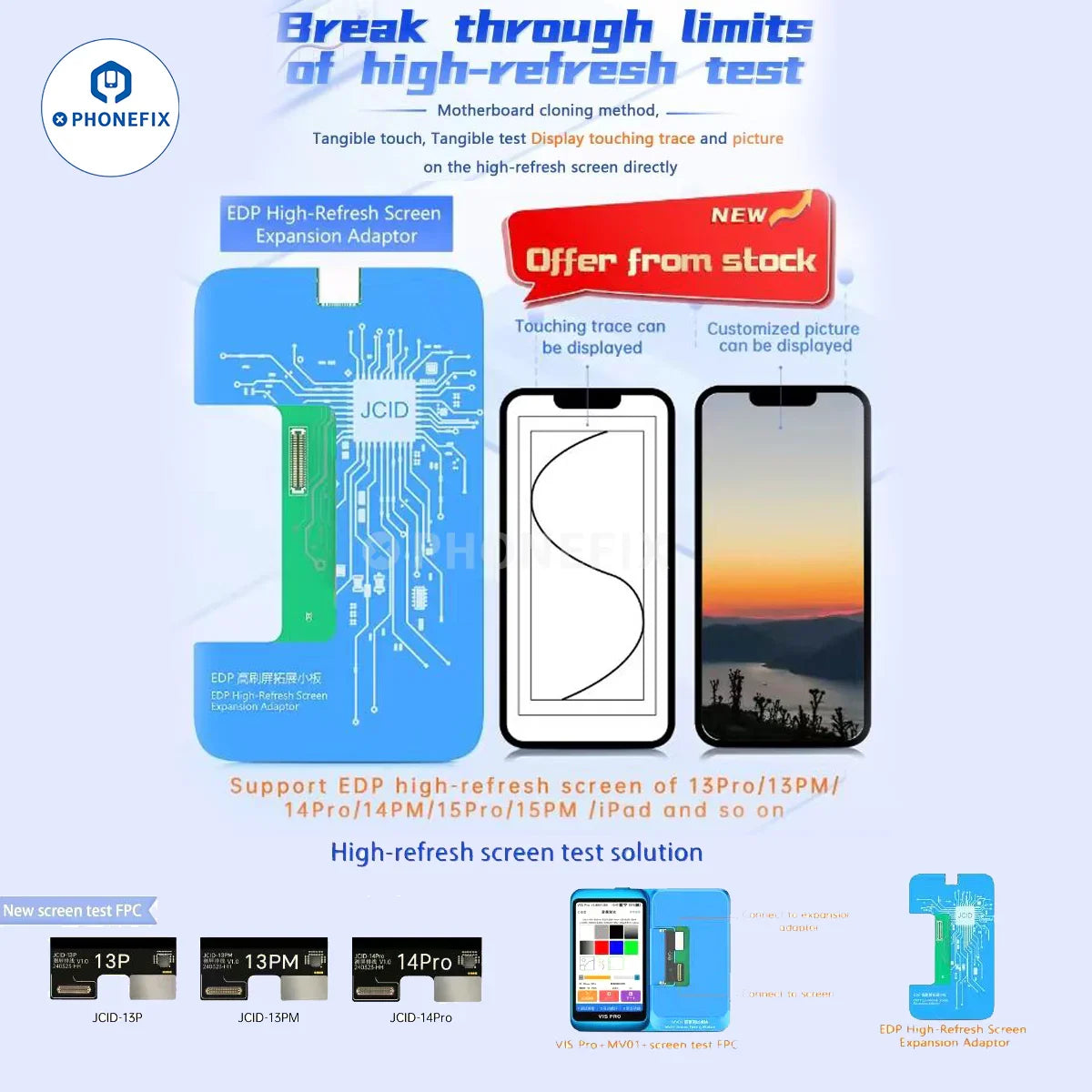 PHONEFIX JCID MV01 screen testing module for iPhone, Samsung, and Android phones used in screen repair tools.