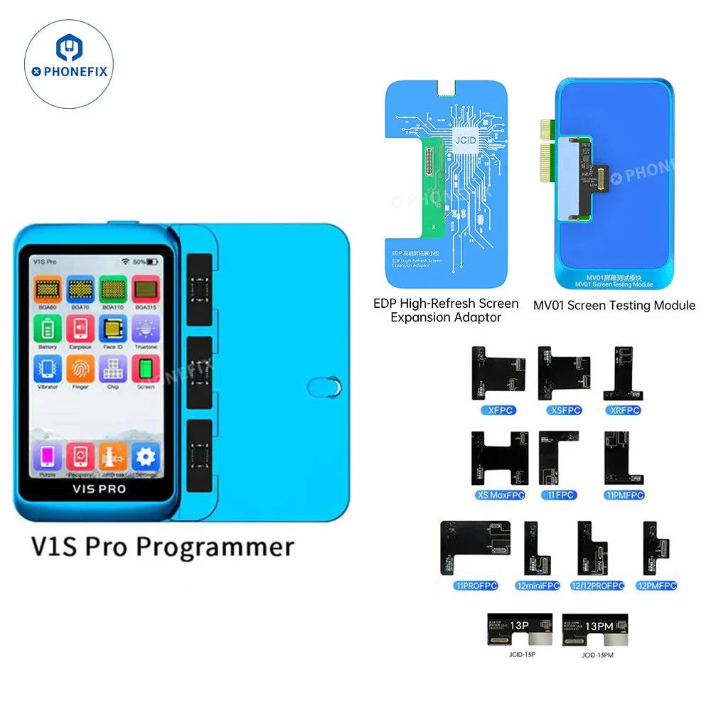 PHONEFIX JCID MV01 screen testing module for iPhone, Samsung, and Android phones, used for screen repair and testing.