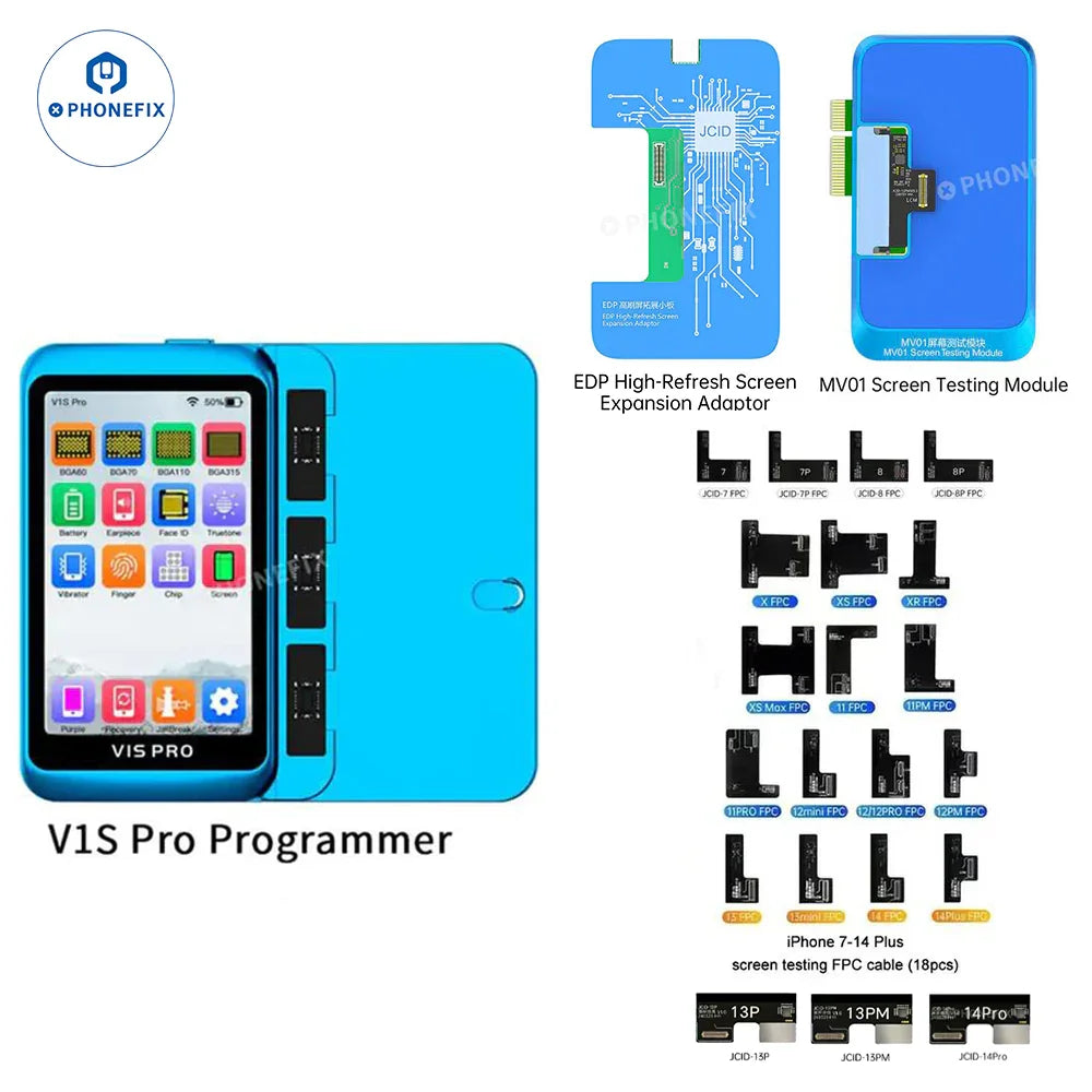 PHONEFIX JCID MV01 screen testing module for iPhone, Samsung, and Android phones, used for screen repair testing and diagnostics.