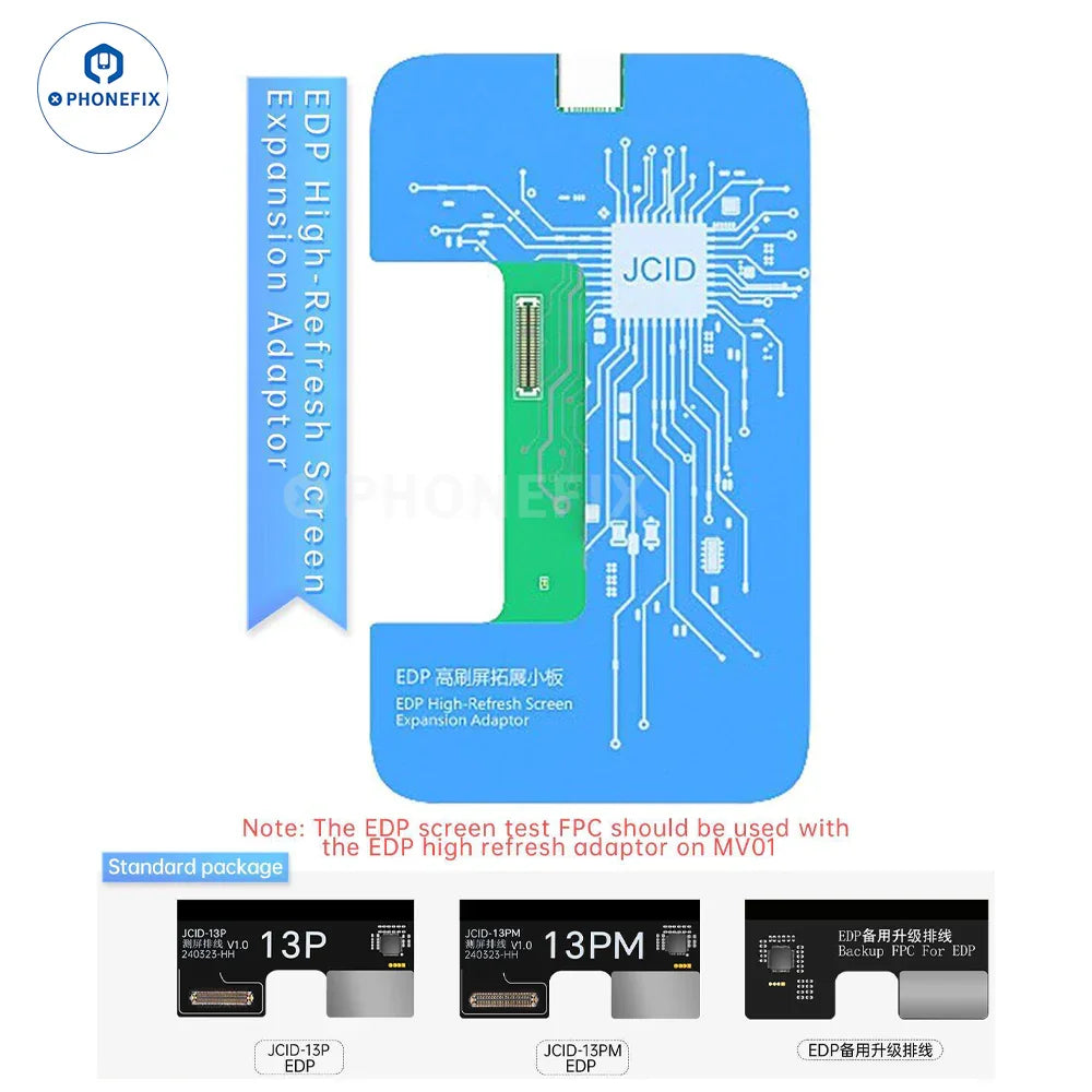 PHONEFIX JCID MV01 screen testing module for iPhone, Samsung, and Android phones used in screen repair tools.