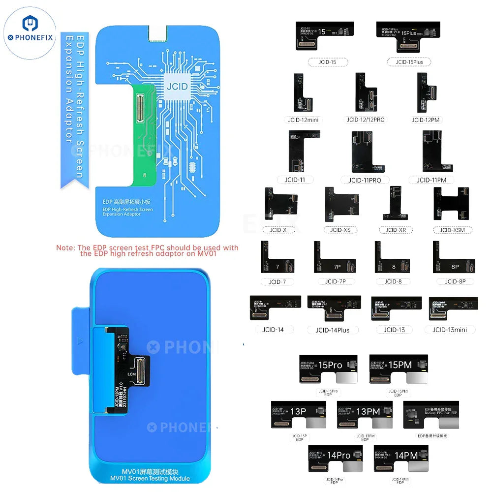 PHONEFIX JCID MV01 screen testing module for iPhone, Samsung, and Android phones, featuring portable testing tools for screen repairs.