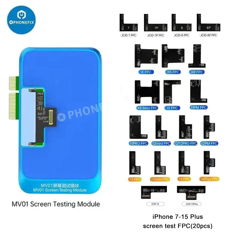 Set of 20 JCID MV01 screen testing modules for iPhone, Samsung, and Android phones, used for screen repair and testing.