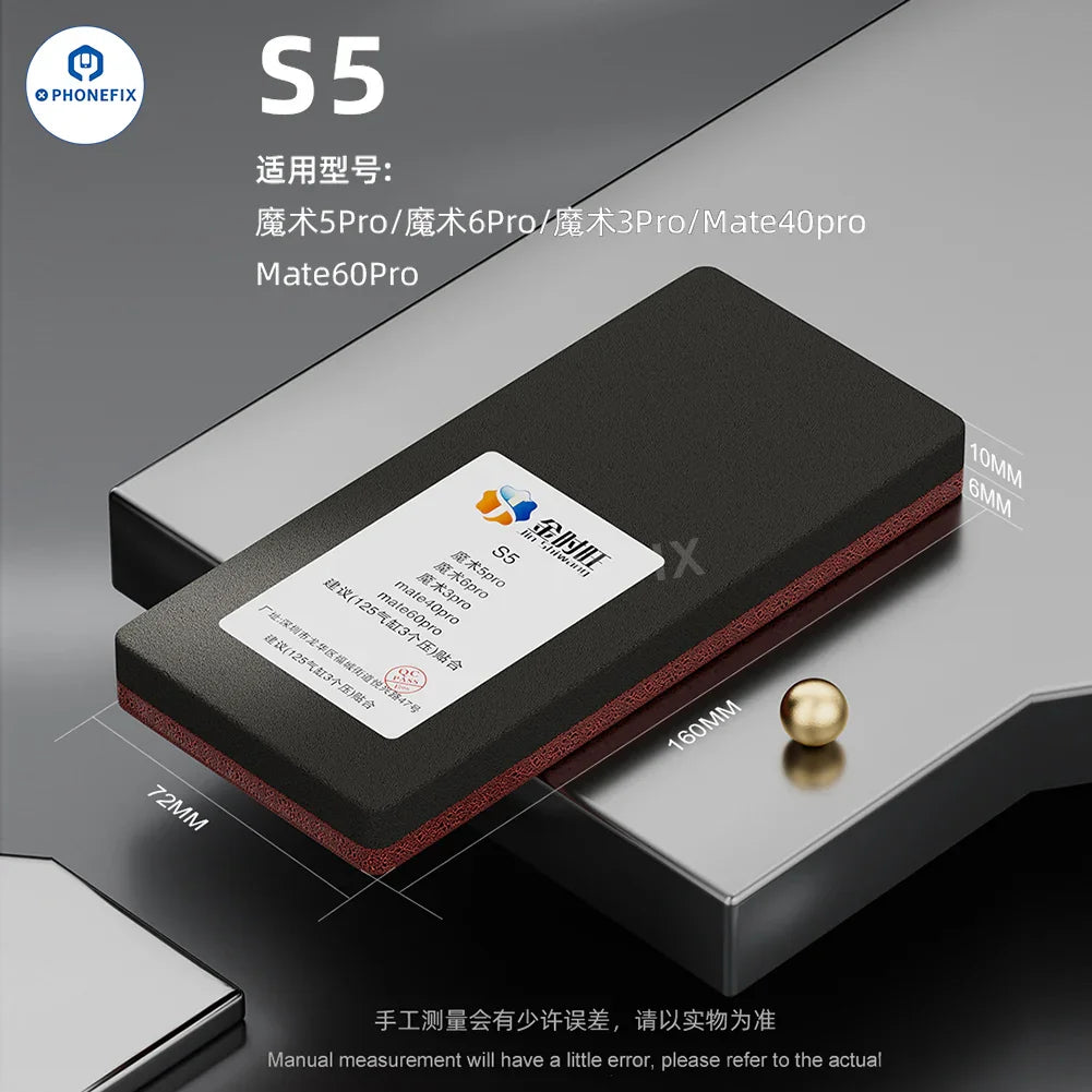 PHONEFIX curved screen bonding pad and sponge mat for phone edge LCD fitting, used as screen repair tools.