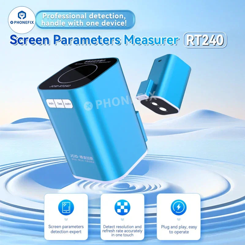 PHONEFIX JCID RT240 screen repair tool measuring resolution and refresh rate parameters for display testing and calibration.