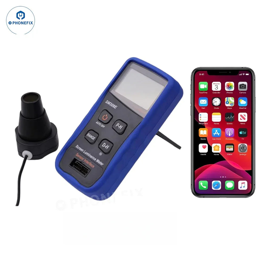 PhoneFix SM208E and SM218E screen brightness meters for phone and TV LCD luminance testing, with digital display and calibration controls.