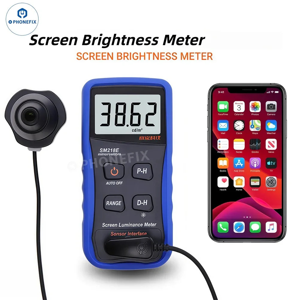 PhoneFix SM208E SM218E screen brightness meter for phone and TV LCD luminance testing, showing the handheld device with display screen