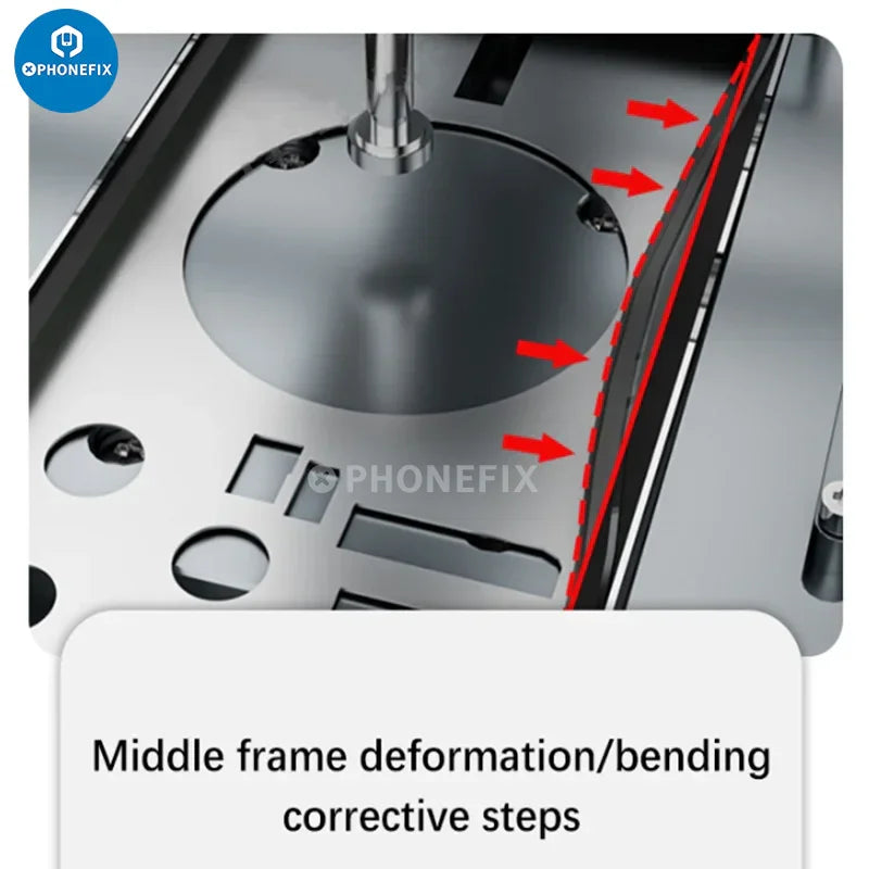 PHONEFIX mobile phone frame shell deformation correcting device fixture for screen repair tools, showing the repair fixture in use.
