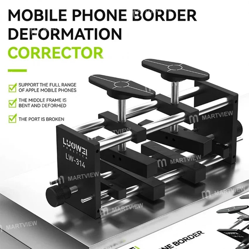 PHONEFIX mobile phone frame shell deformation correcting device fixture for screen repair tools, shown with parts and adjustment features.