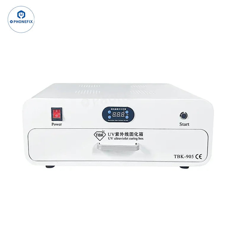 PHONEFIX TBK-905A LCD screen bonding and UV curing box for repairing screens, featuring adjustable controls and compact design.