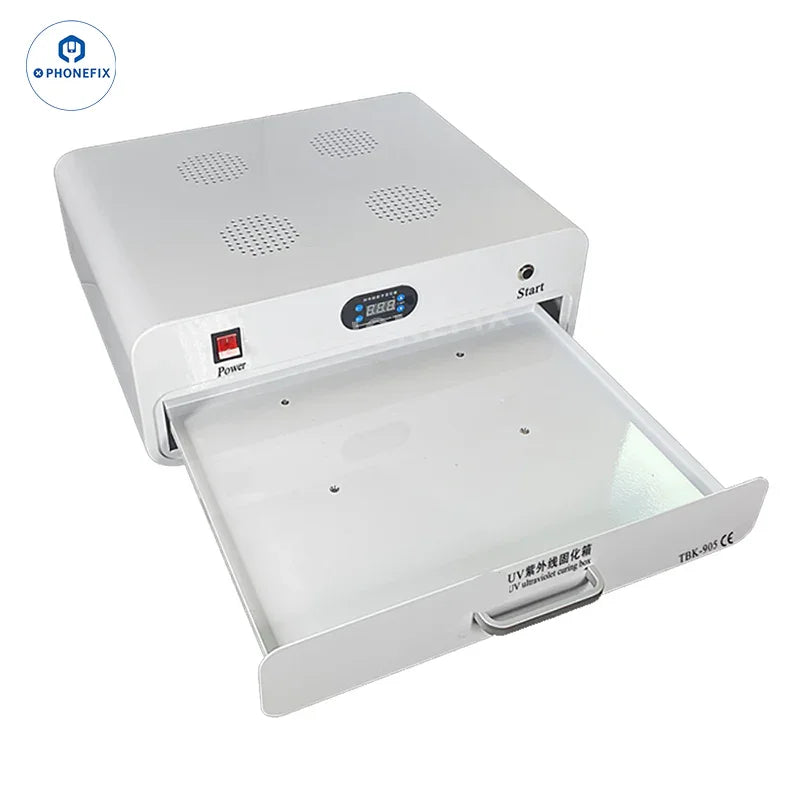 PHONEFIX TBK-905A LCD screen bonding UV curing box for OCA adhesive, used in screen repair tools and UV curing processes.