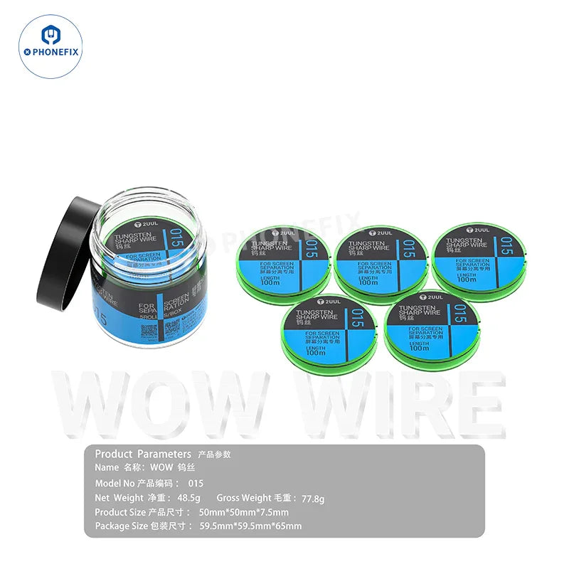PhoneFix 2UUL Tungsten Screen Separation Wire in 0.035, 0.028, 0.015mm for phone screen repair tools.