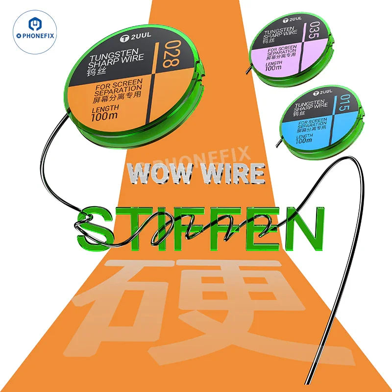 PhoneFix 2UUL Tungsten Screen Separation Wire in 0.035, 0.028, 0.015mm for phone screen repair and separation.