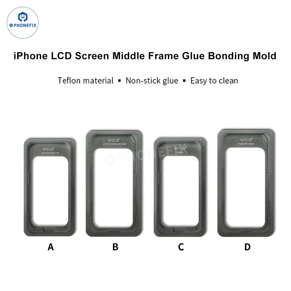 PHONEFIX WYLIE screen frame glue mold for iPhone 12-16 Pro Max, used for precise screen repair and assembly.