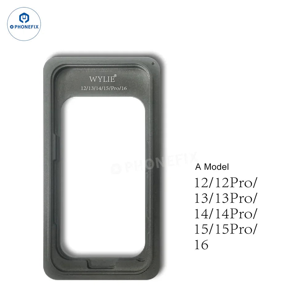 Molde de pegamento para marco de pantalla PHONEFIX WYLIE para iPhone 12-16 Pro Max, herramienta duradera para la reparación de pantallas y aplicación precisa del adhesivo.