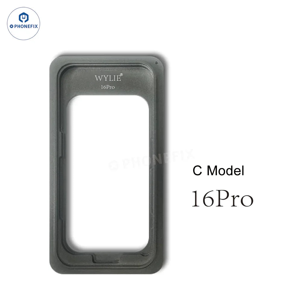 Molde adhesivo para marco de pantalla PHONEFIX WYLIE para iPhone 12-16 Pro Max, una herramienta de reparación precisa para el reemplazo de pantallas.