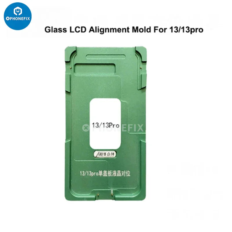 Aluminium alloy LCD screen laminating positioning mould for iPhone repair, used for precise screen alignment during repairs.