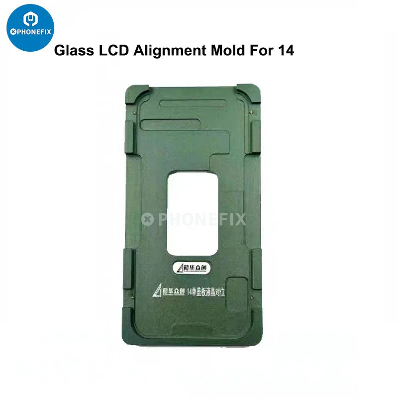 Aluminium alloy LCD screen laminating positioning mould for iPhone, used for precise screen repair alignment.