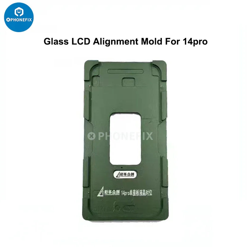 Aluminium alloy LCD screen laminating positioning mould for iPhone repair, used with PHONEFIX screen repair tools.