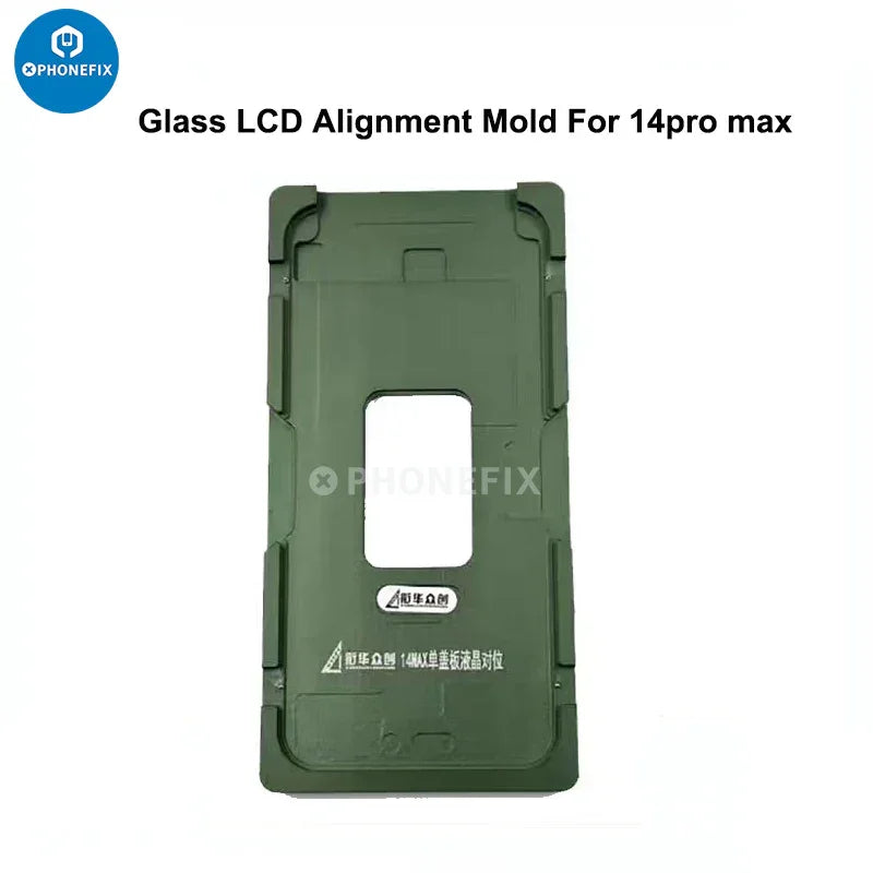 Aluminium alloy LCD screen laminating positioning mould for iPhone, used in screen repair with PHONEFIX tools.