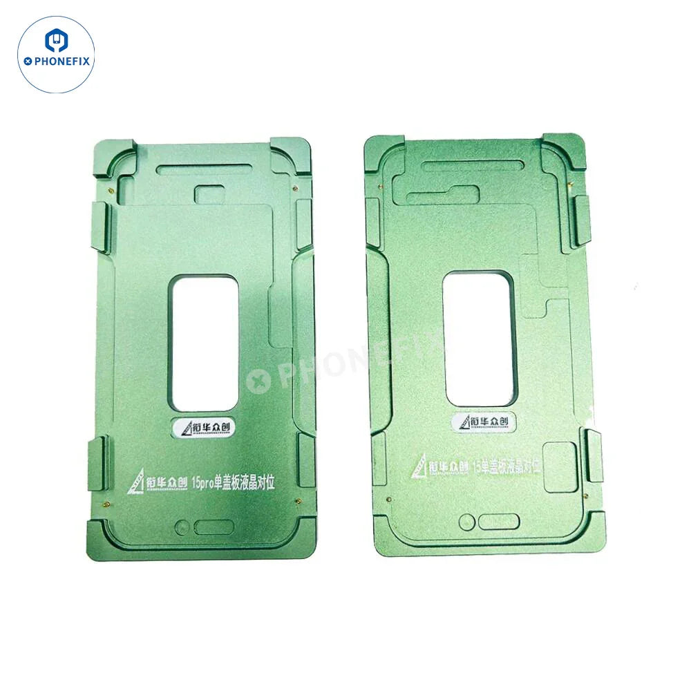 Aluminium alloy LCD screen laminating positioning mould for iPhone, used in screen repair tools by PHONEFIX.