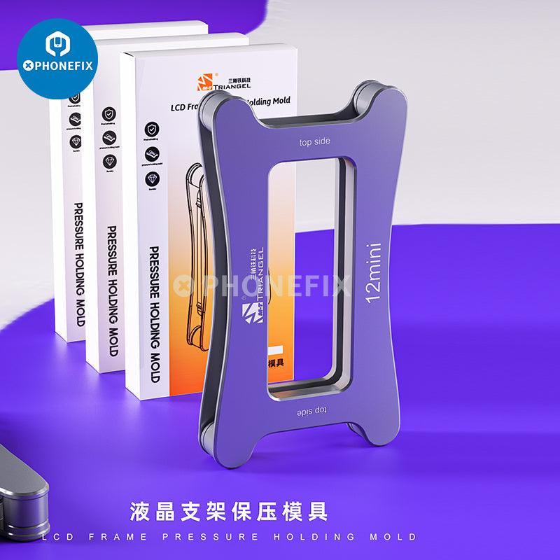 PHONEFIX LCD frame pressure holding mold for iPhone X to 15 Pro Max, used for screen repair and precise frame alignment.