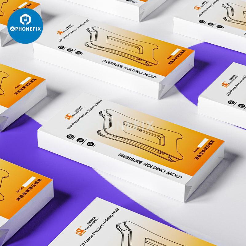 PhoneFix LCD frame pressure holding mold for iPhone X to 15 Pro Max, used for screen repair and assembly.