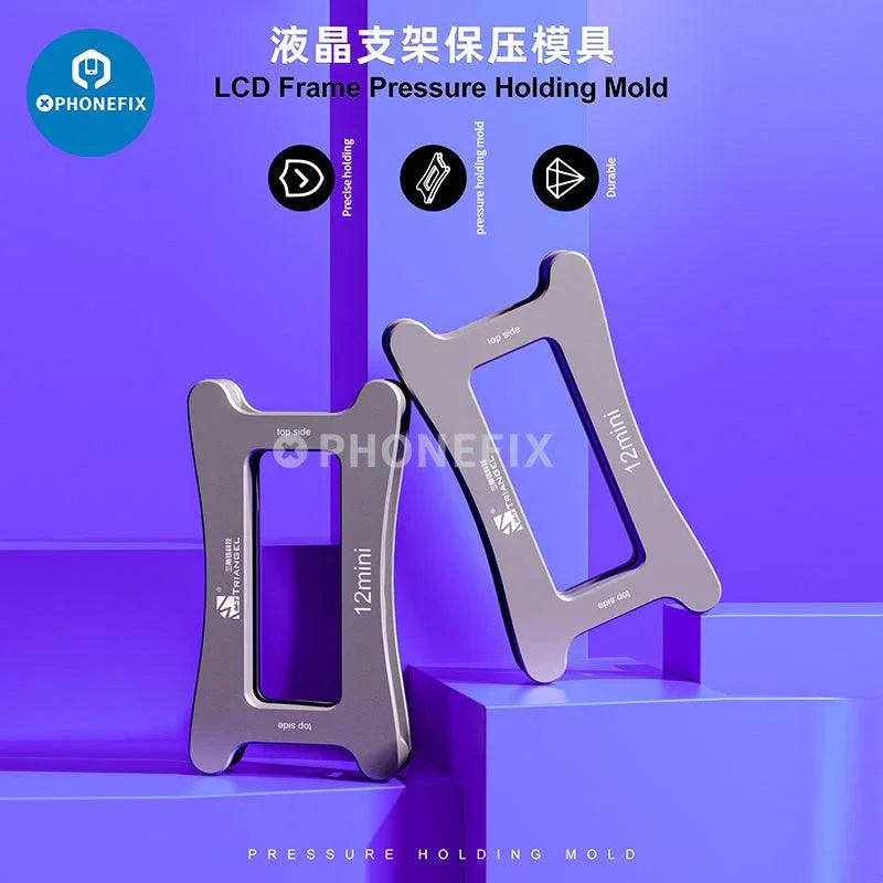 PHONEFIX LCD frame pressure holding mold for iPhone X to 15 Pro Max, used for screen repair and assembly.