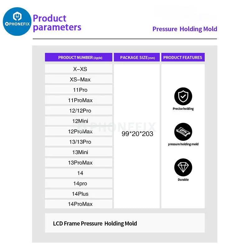 PhoneFix LCD frame pressure holding mold for iPhone X to 15 Pro Max screen repair tools, stabilizes the display during repairs.