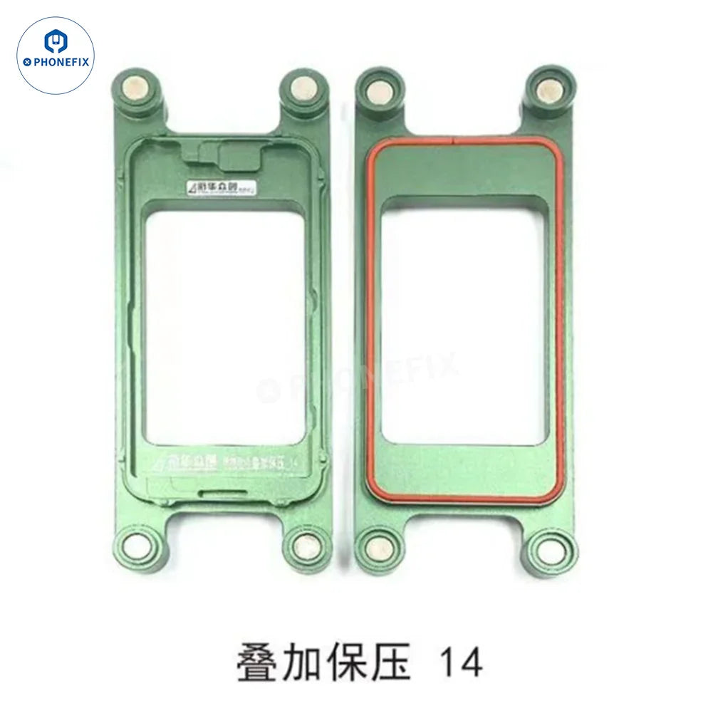 PhoneFix LCD frame pressure holding mold for iPhone X to 15 Pro Max screen repair tools, used to secure screens during repairs.