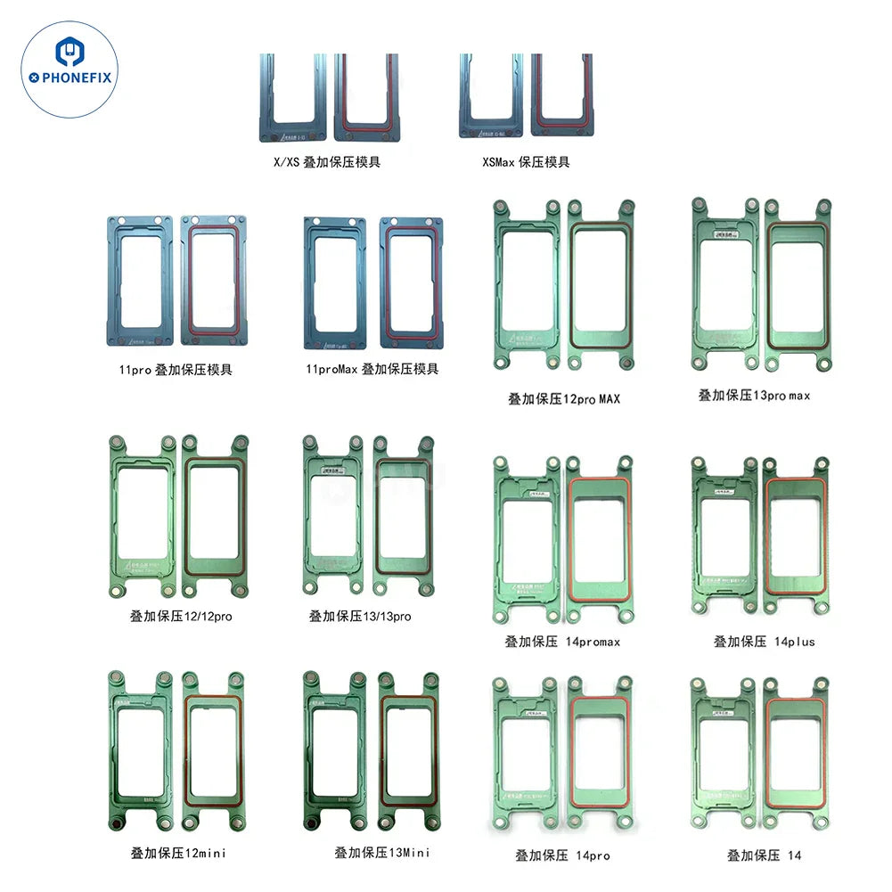 PhoneFix LCD frame pressure holding mold for iPhone X to Pro Max, used for screen repair and assembly.